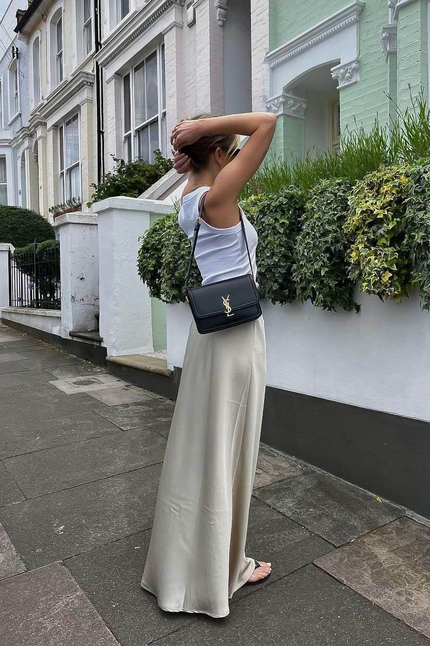 beige silky skirt