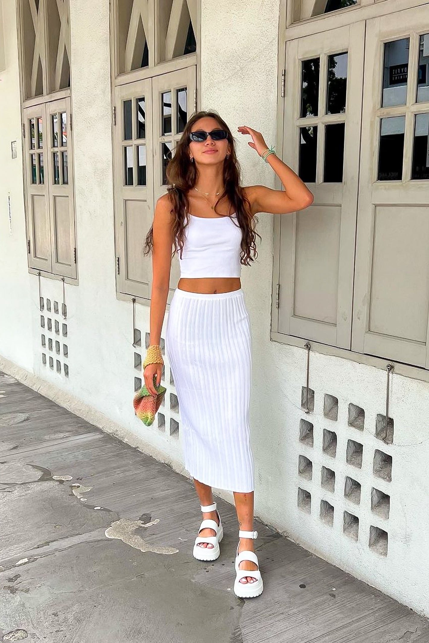 white ribbed midi skirt