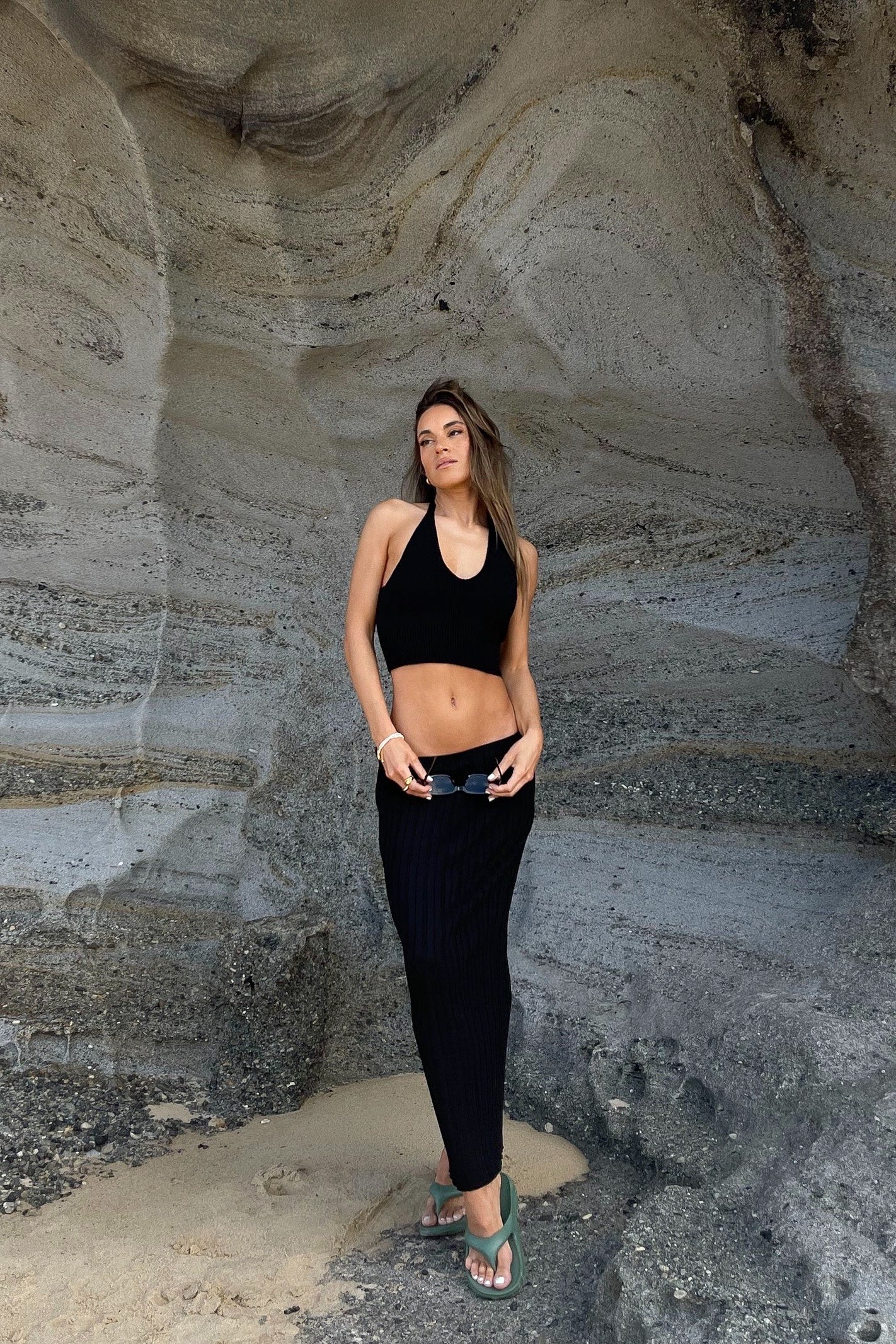 Black Ribbed Midi Skirt