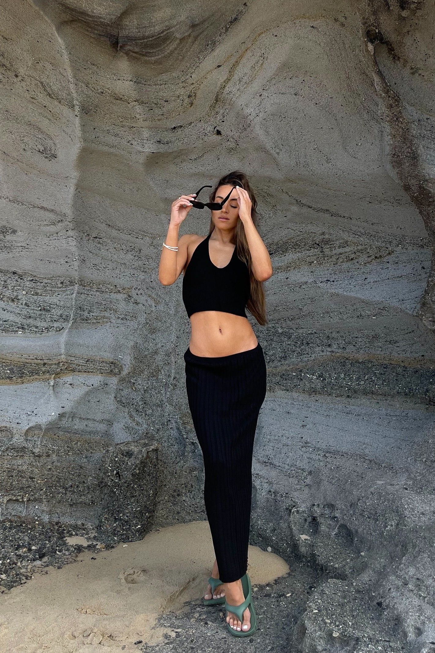 Black Ribbed Midi Skirt